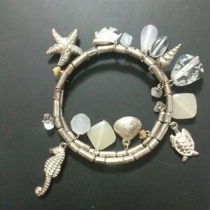 Silver Tone Shell Seahorse Turtle Bangle Bracelet